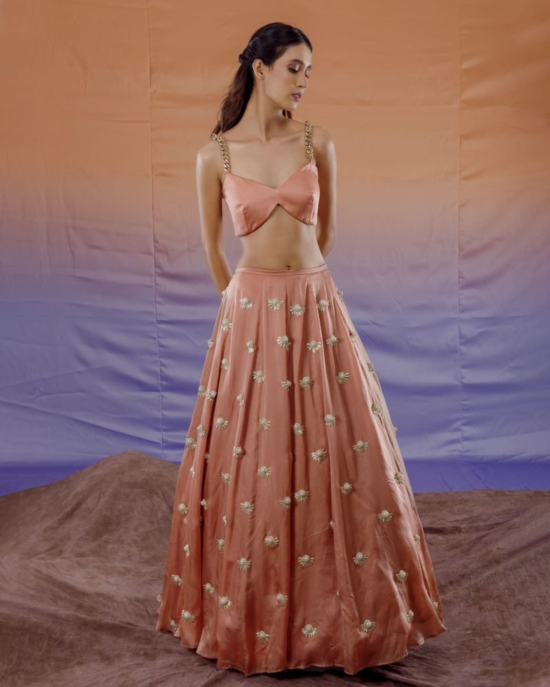 Peach Bamberg Satin Embroidered Lehenga Set - Image 3
