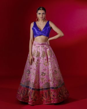Pink Satin Embroidered Lehenga Set