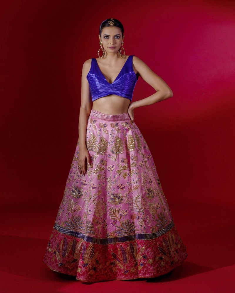 Pink Satin Embroidered Lehenga Set