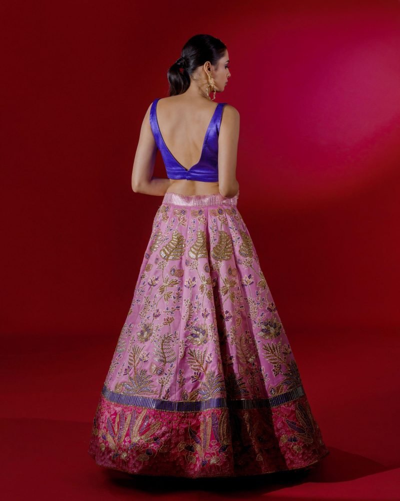Pink Satin Embroidered Lehenga Set - Image 5