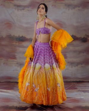 Purple & Orange Embroidered Ombre Lehenga Set