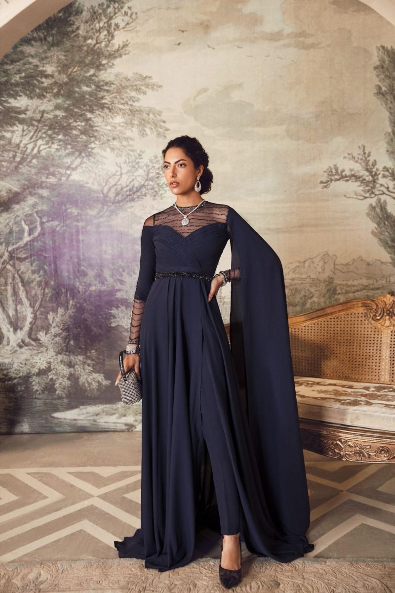 Navy Blue Party Wear Organza Gown - Image 3