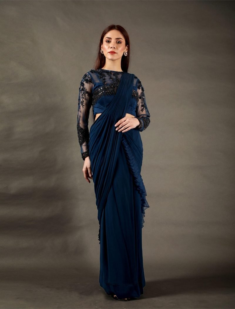 Navy Blue Georgette Pre-Draped Saree Set