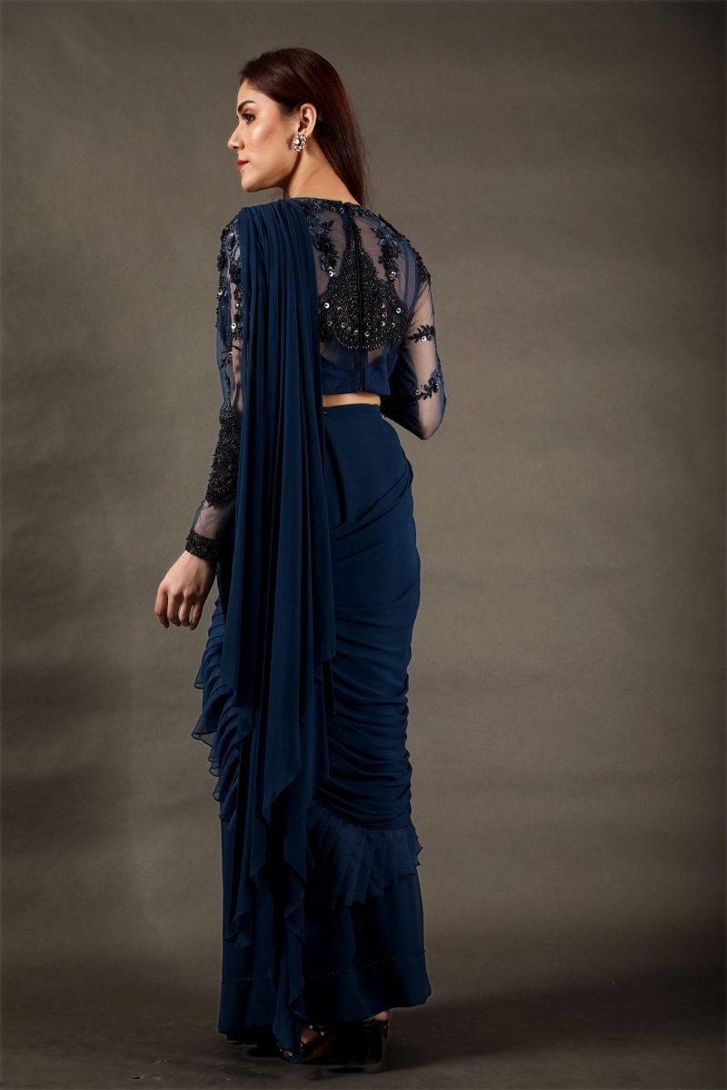 Navy Blue Georgette Pre-Draped Saree Set - Image 4