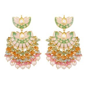 Gold Finish Earrings With Pink & Green Drops