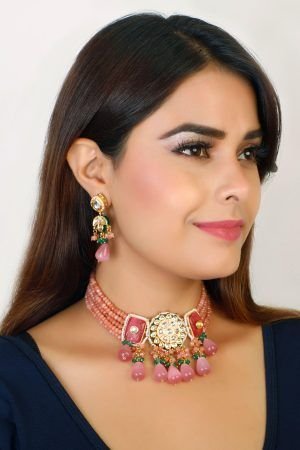 Pink Beads Kundan Pendant Choker Jewelry Set