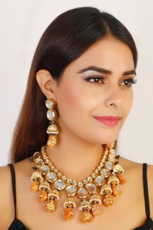 Kundan Jhumka Orange Drop Choker Jewellery Set