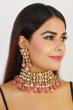 Kundan Choker Pink Drop Jewellery Set