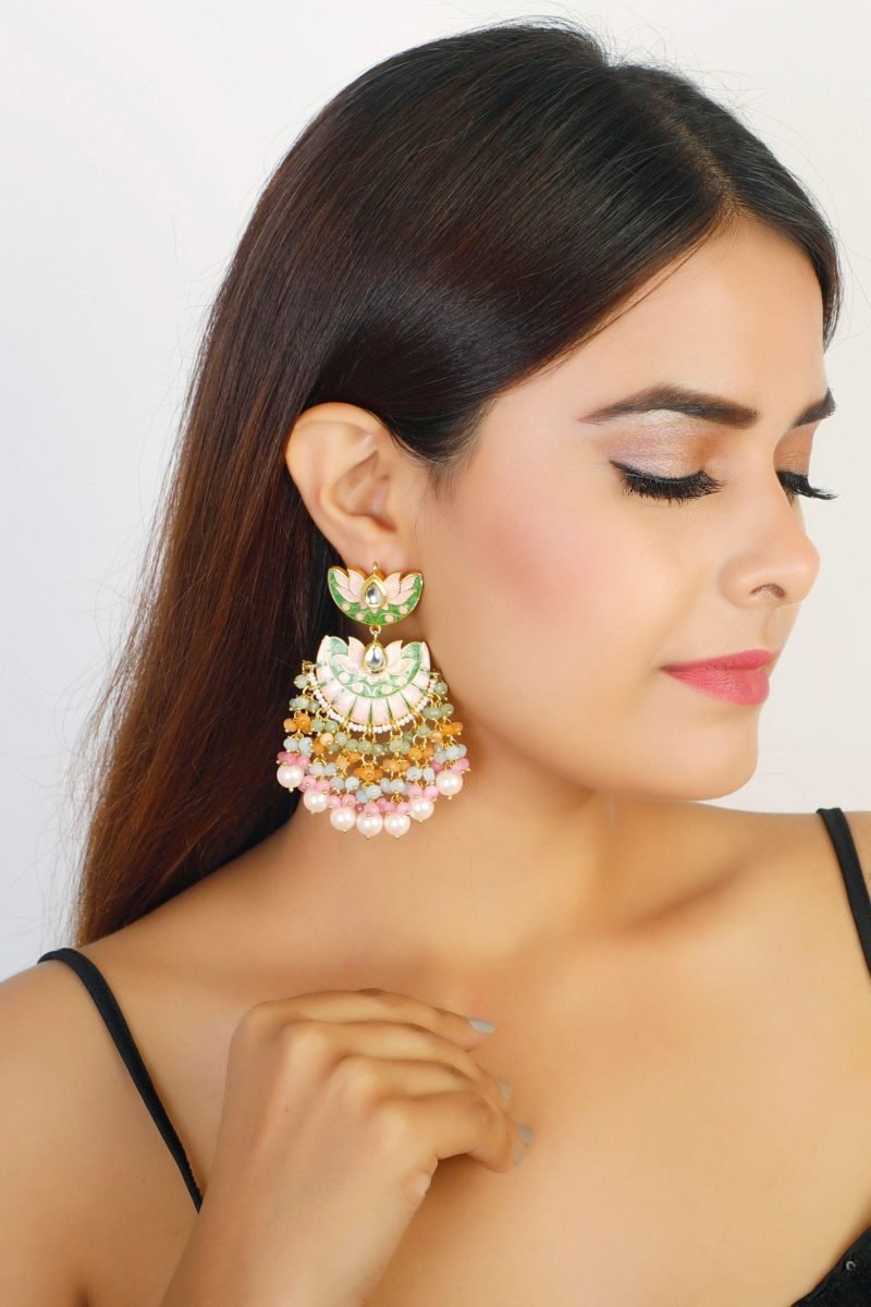 Gold Finish Earrings With Pink & Green Drops - Image 3