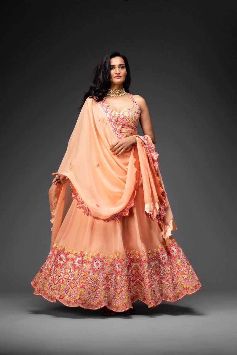Peach Embroidered Lehenga Choli And Dupatta