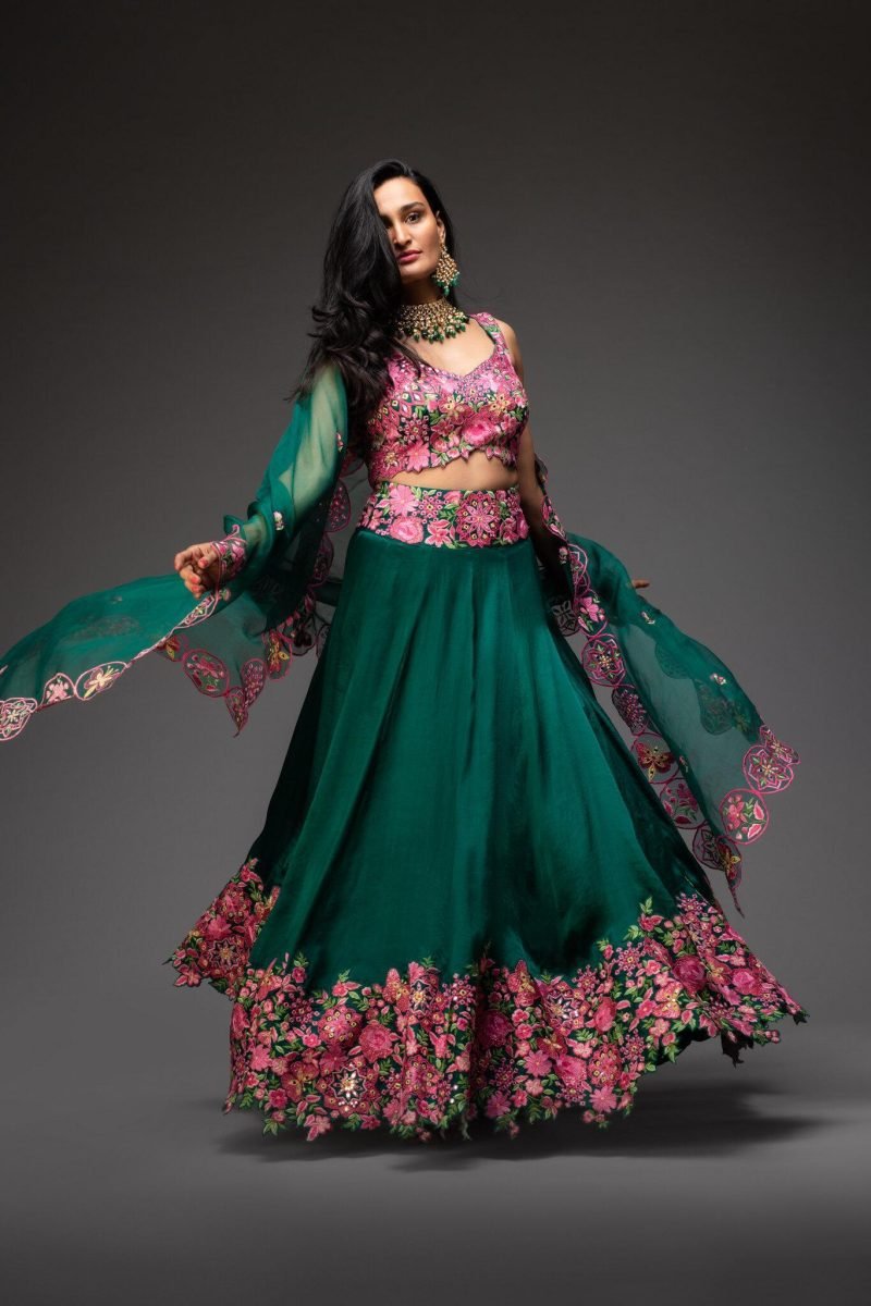 Emerald Green Embroidered Lehenga Choli And Dupatta