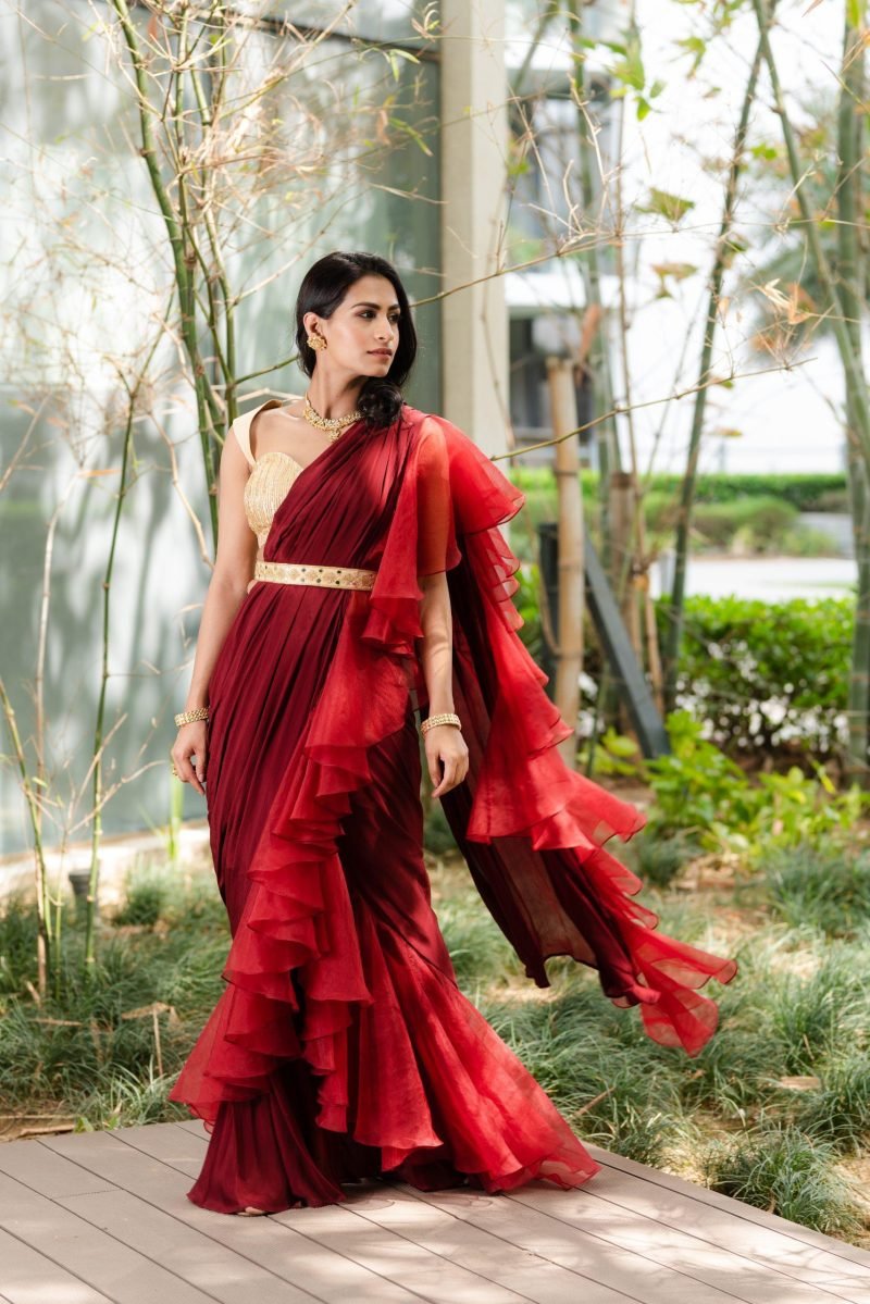 Maroon Aarna Drape Skirt And Cape Set