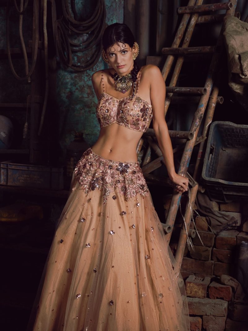 Floral Embroidery Beige Lehenga &  Dupatta