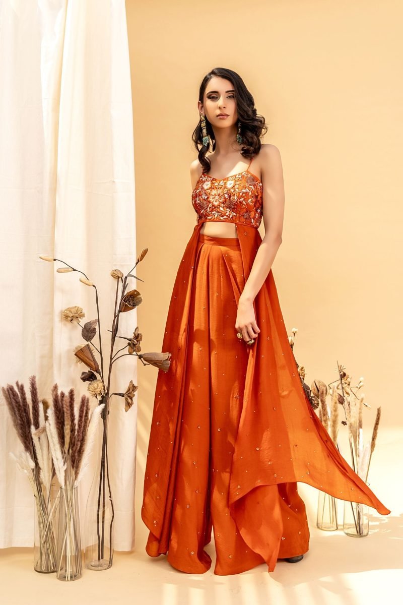 Orange Floral Side Panels Blouse And High Waist Flared Pant
