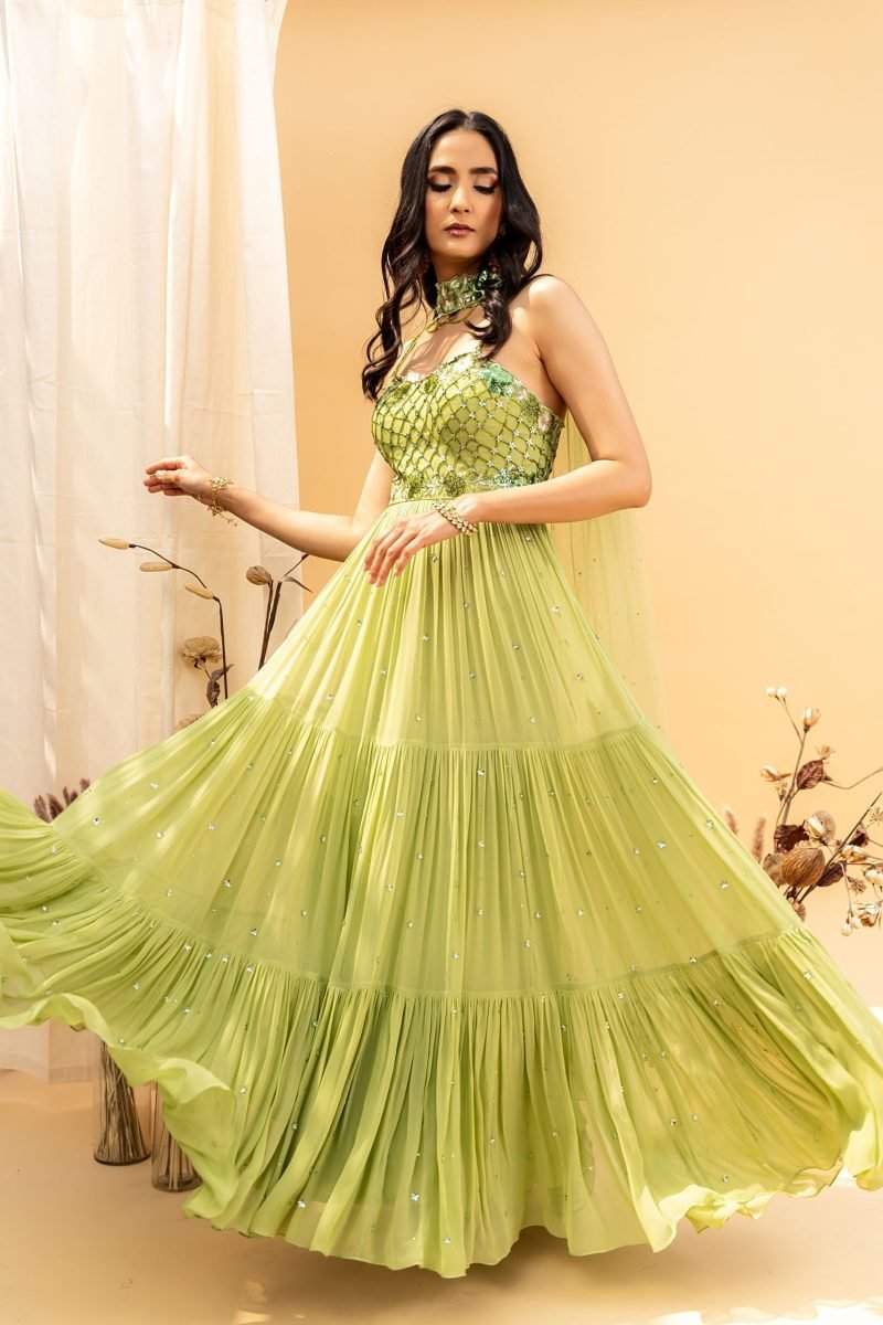 Green Color Anarkali With Choker Dupatta