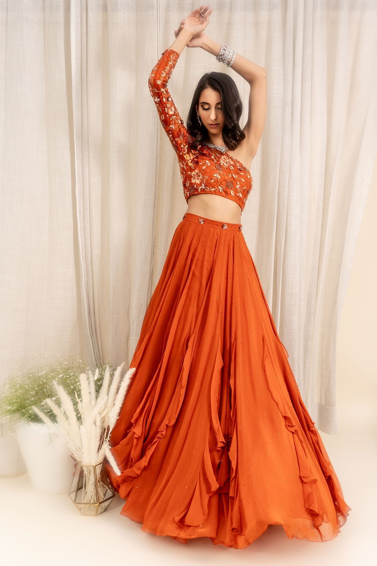 1-Shoulder Blouse Orange Lehenga And Dupatta