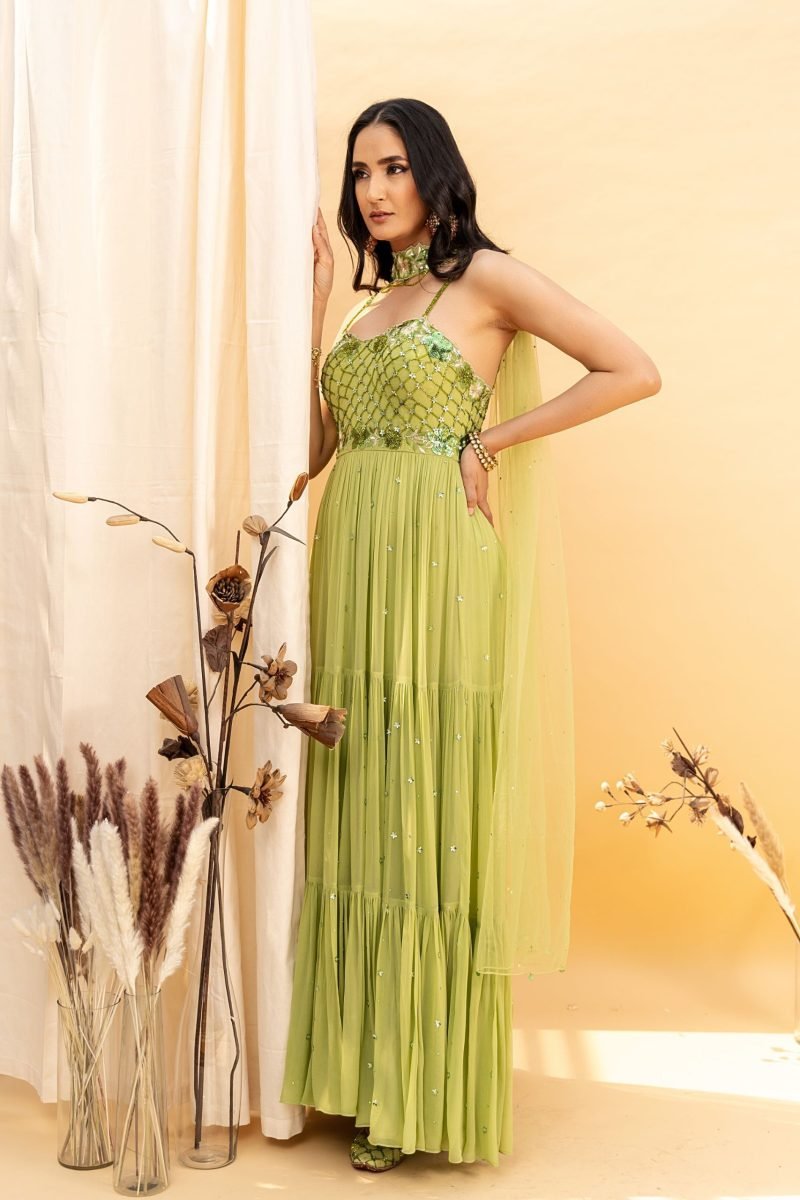 Green Color Anarkali With Choker Dupatta - Image 4