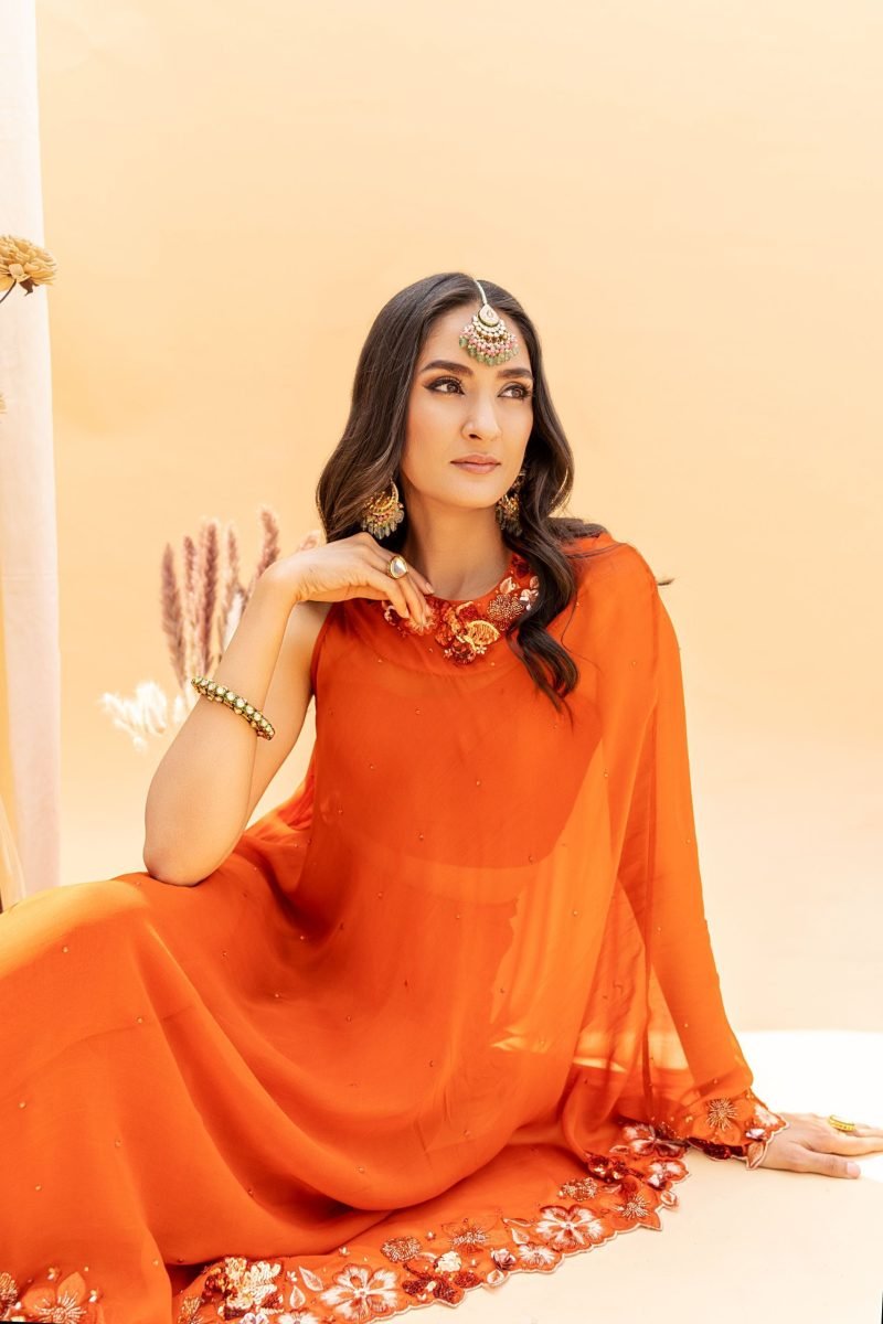 Orange Floral With High Waist Palazzo And Blouse - Image 4