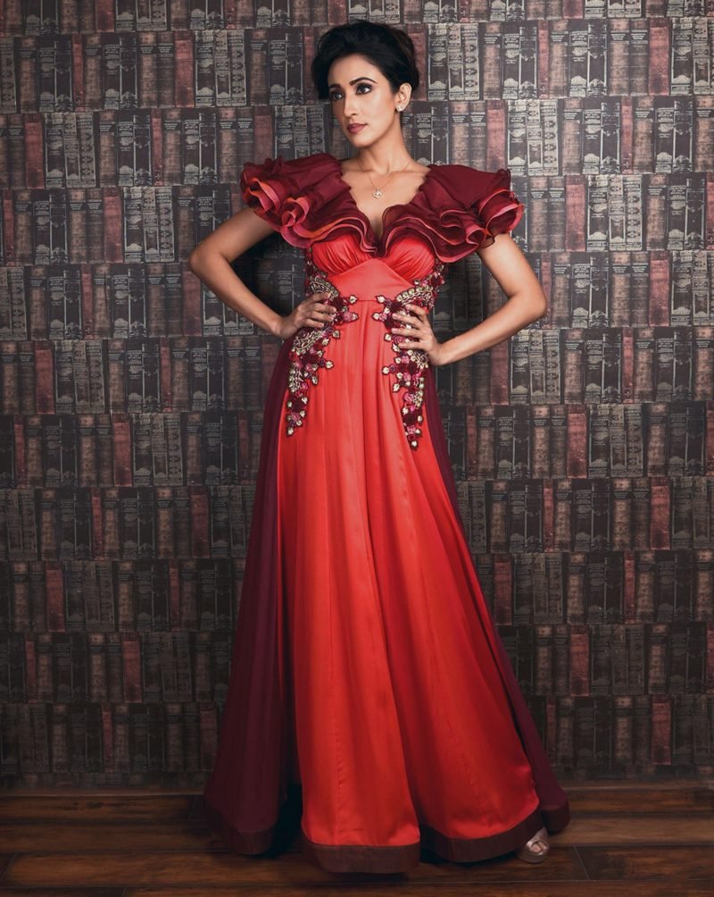Red Color Mirror Work Organza Ruffle Gown