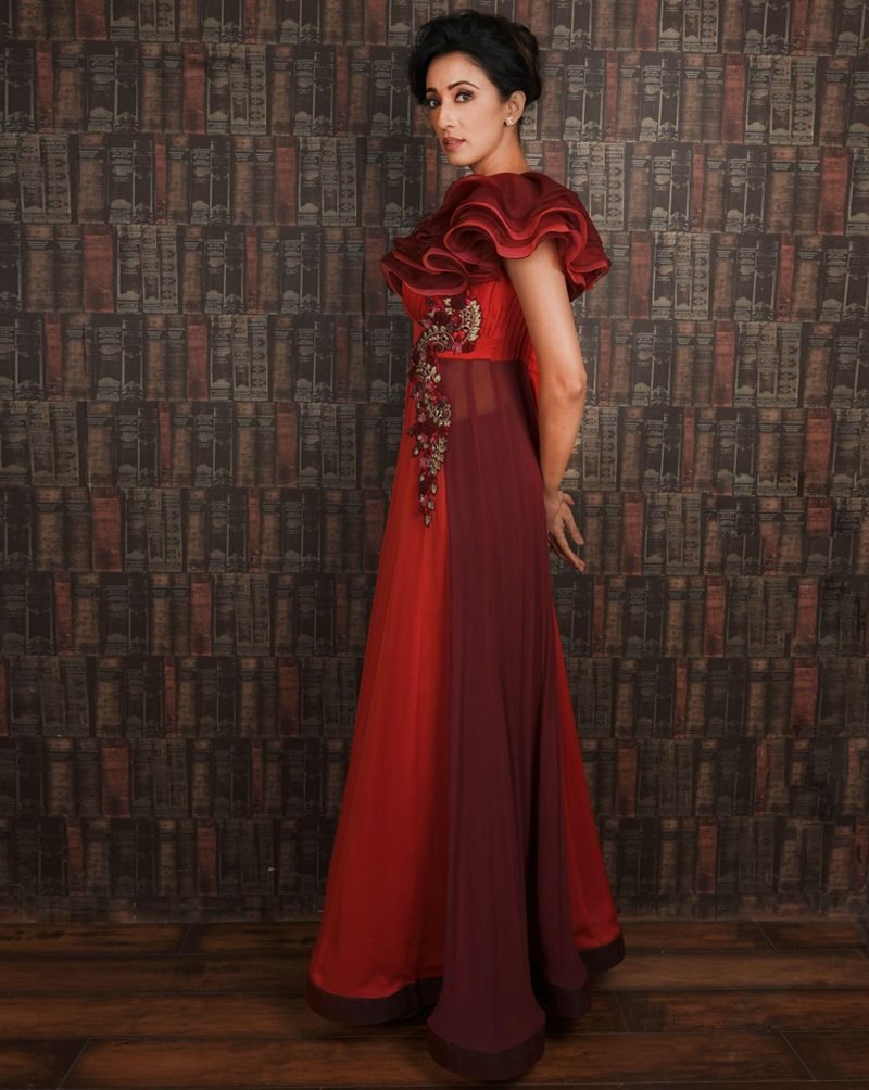 Red Color Mirror Work Organza Ruffle Gown - Image 2
