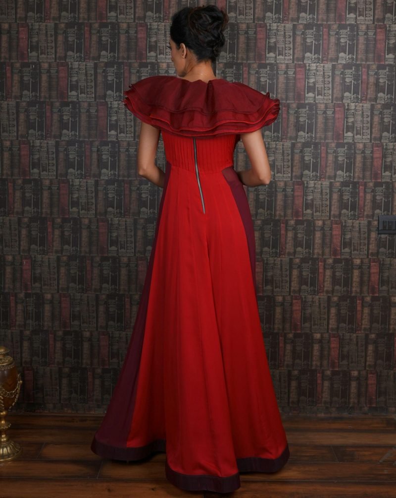 Red Color Mirror Work Organza Ruffle Gown - Image 3