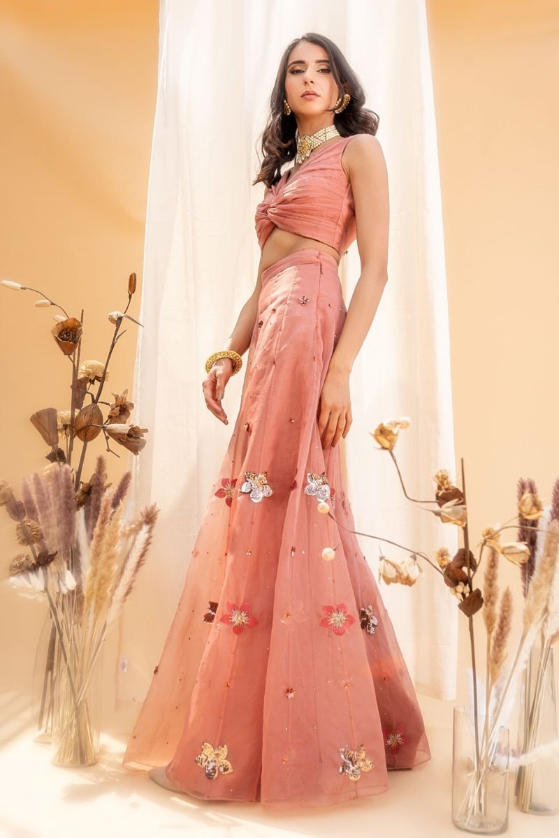 Dusty Pink Organza Ruched Blouse And Palazzo Set - Image 2