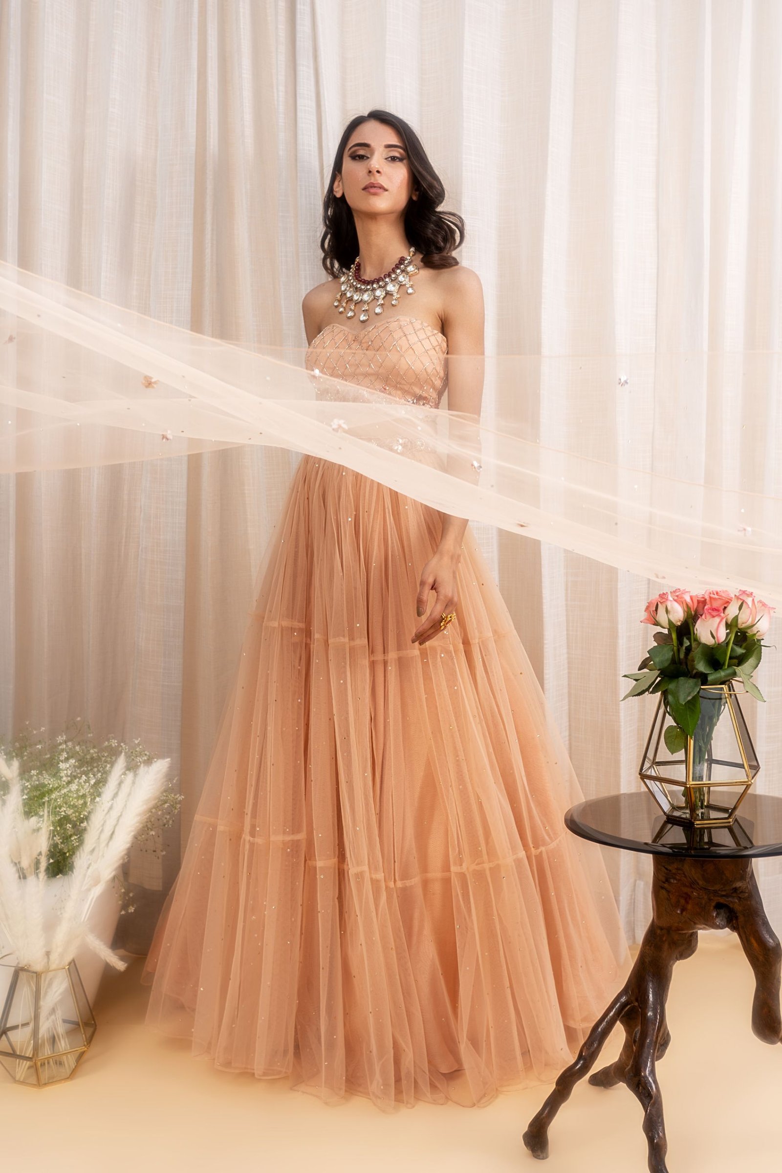 Beige Color Corset Bustier With 3-Tiered Lehenga - Image 3