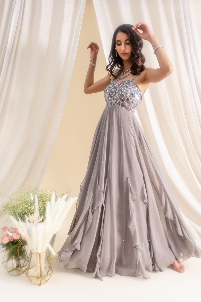 Frill Paneled Grey Floral Anarkali And Dupatta