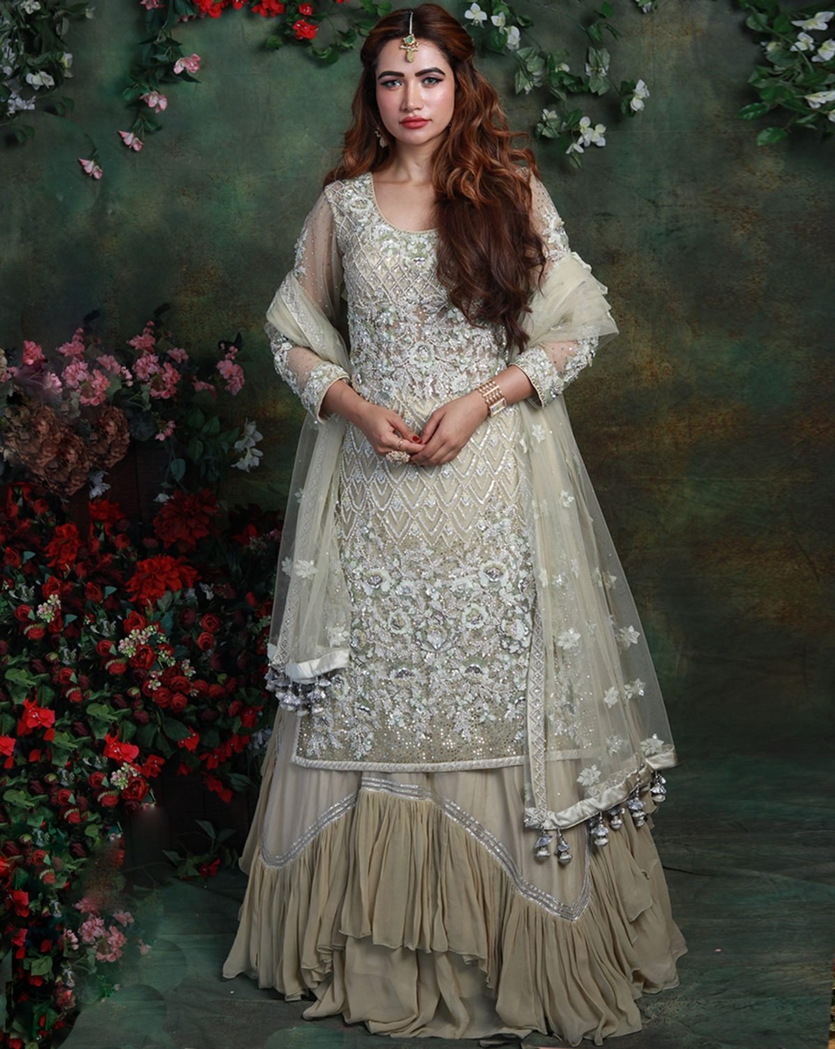 Olive Green Color Haniya Kurta Lehenga