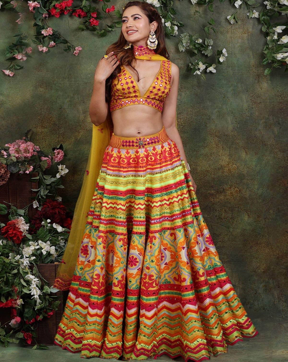 Mustard Colorful Mirror Lehenga