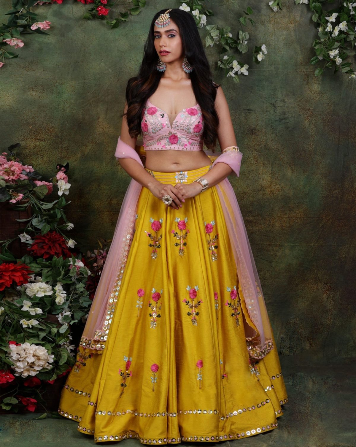 The Floral Mustard Color Raw Silk Lehenga