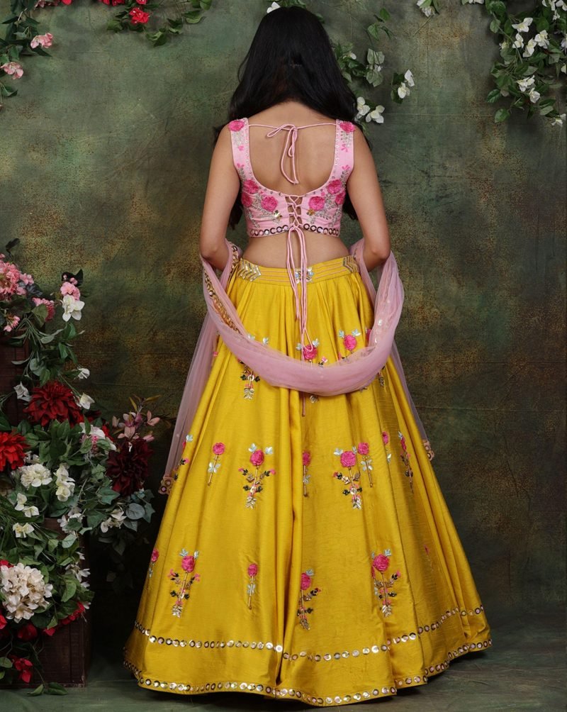The Floral Mustard Color Raw Silk Lehenga - Image 3
