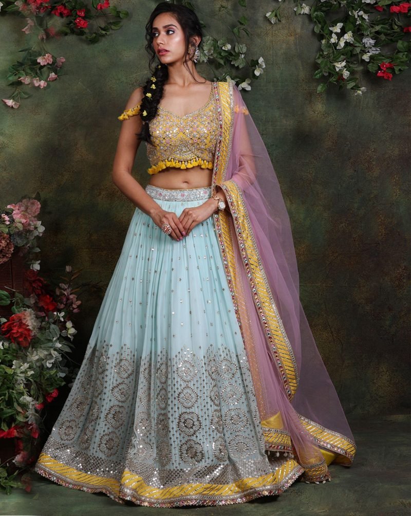 Light Blue and Pink Popsicle Georgette Lehenga