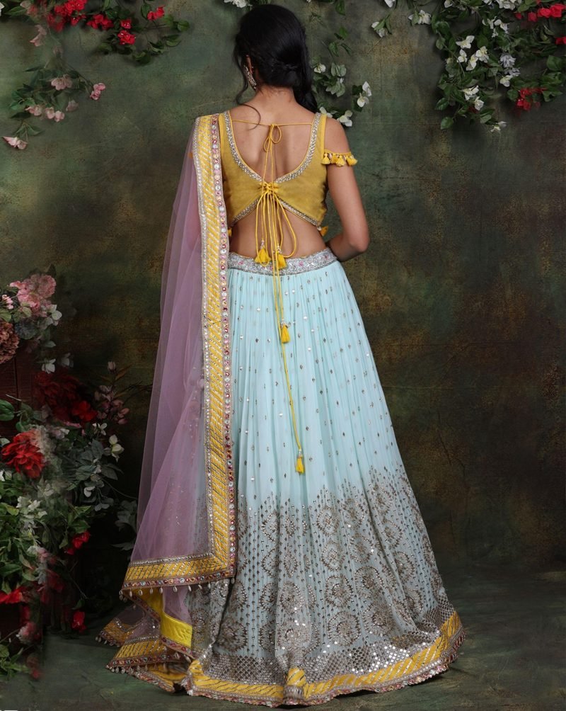 Light Blue and Pink Popsicle Georgette Lehenga - Image 3