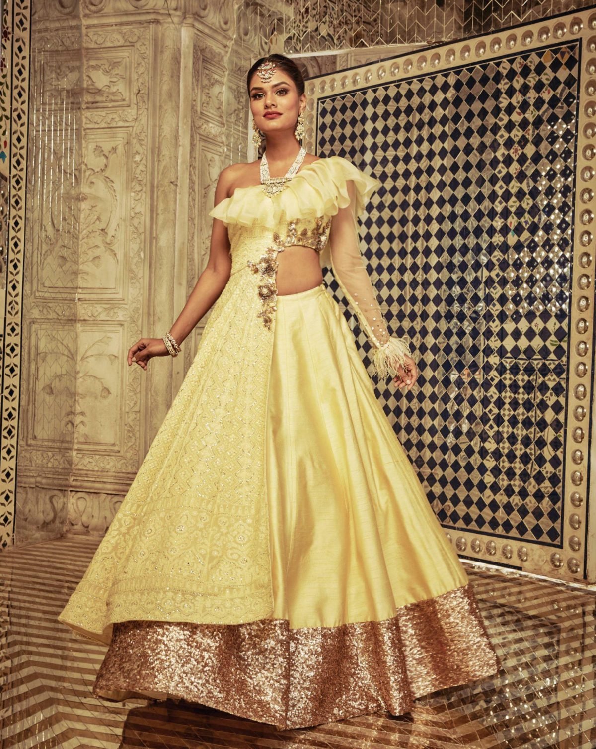 The Yellow Color Ruffle Anarkali-Lehenga
