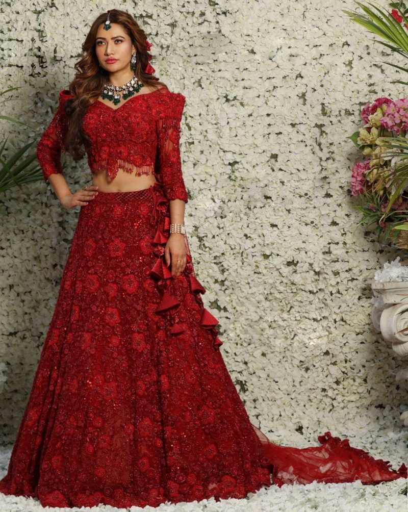 Red Color Floral Bridal Net Lehenga