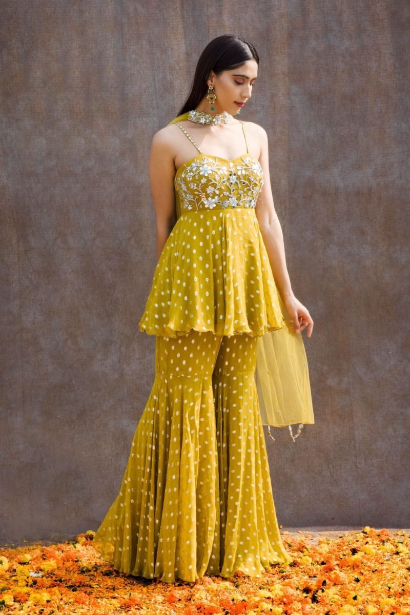 Mirror Work Corset Green Peplum With Gharara - Image 3