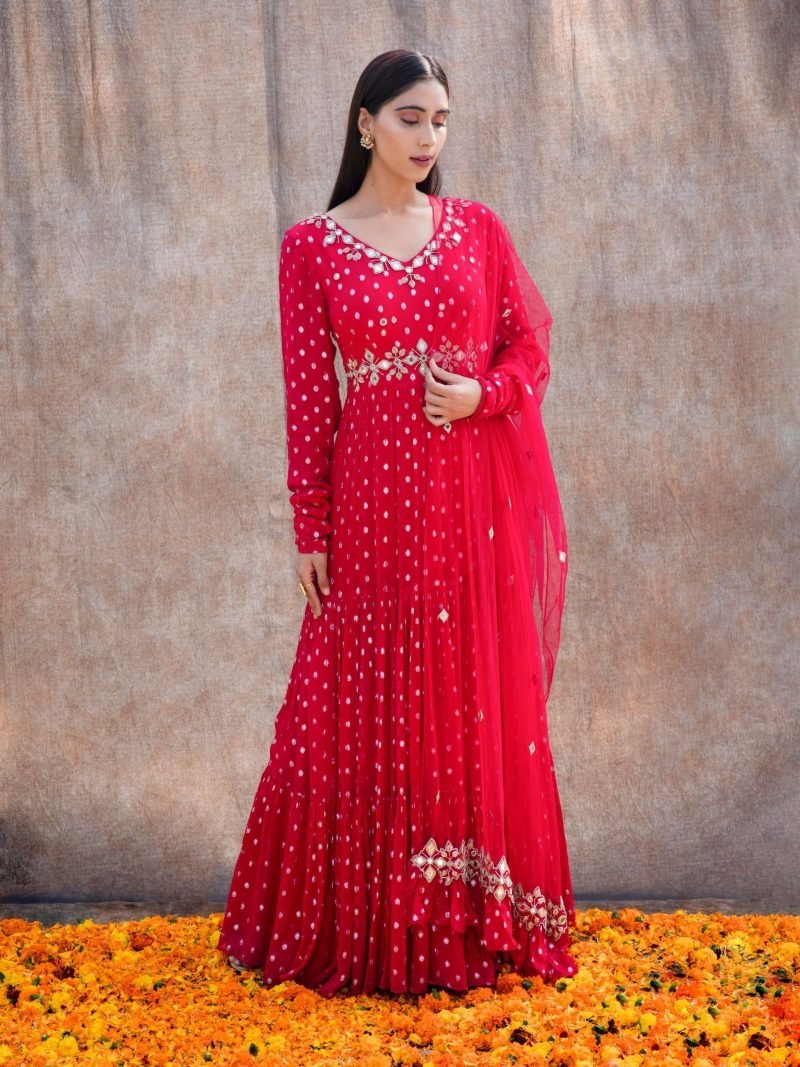 Mirror Work Pink Anarkali Set With Back Cut-Out Detail - Image 3