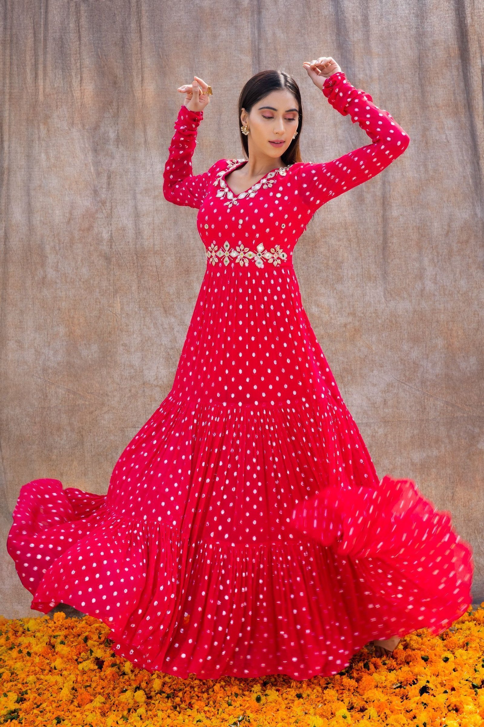 Mirror Work Pink Anarkali Set With Back Cut-Out Detail