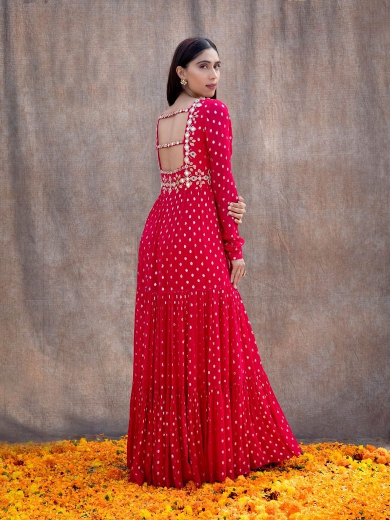 Mirror Work Pink Anarkali Set With Back Cut-Out Detail - Image 5
