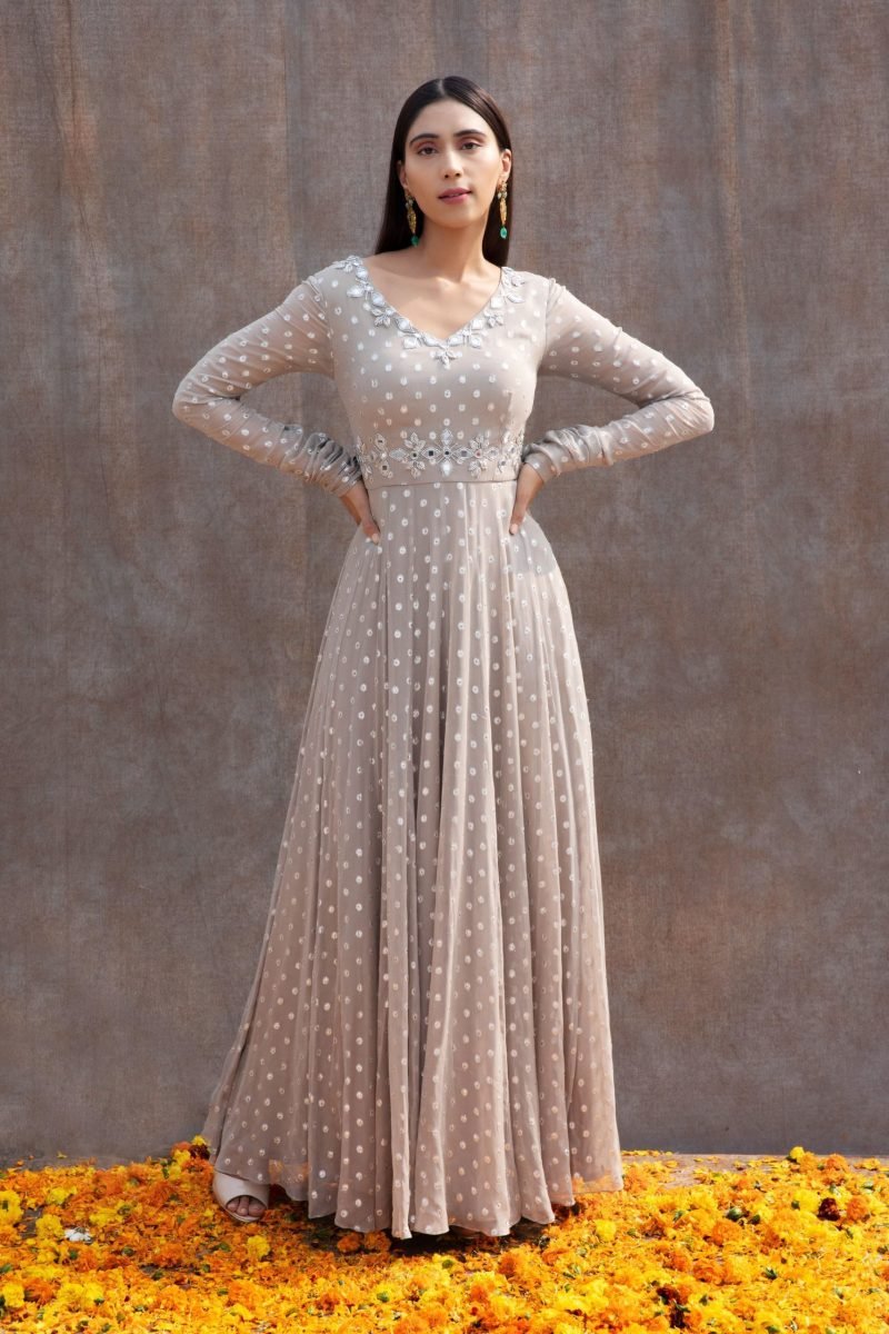 Grey Color Mirror Work Paneled Anarkali Set - Image 4