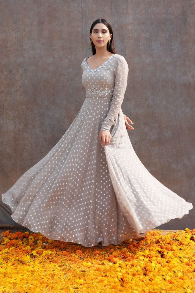 Grey Color Mirror Work Paneled Anarkali Set