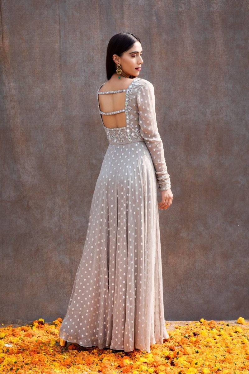 Grey Color Mirror Work Paneled Anarkali Set - Image 5