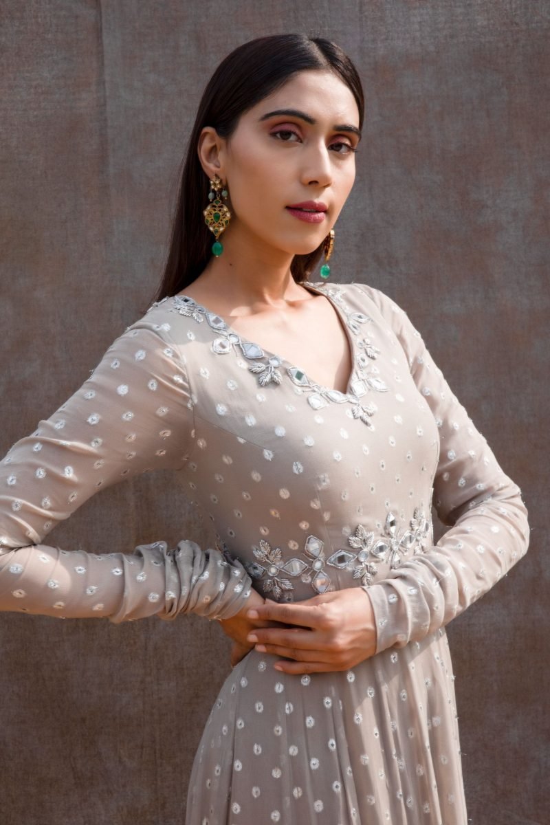Grey Color Mirror Work Paneled Anarkali Set - Image 2