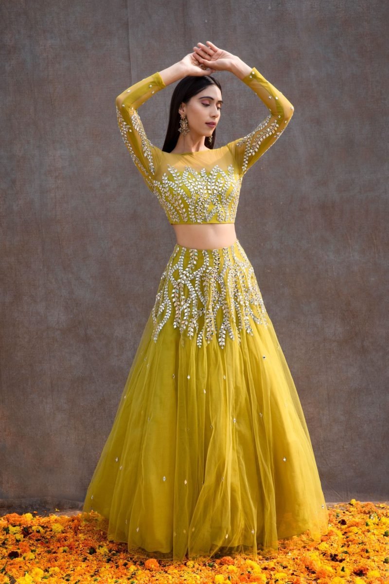 Lemon Green Mirror Work Blouse With Lehenga And Dupatta - Image 2