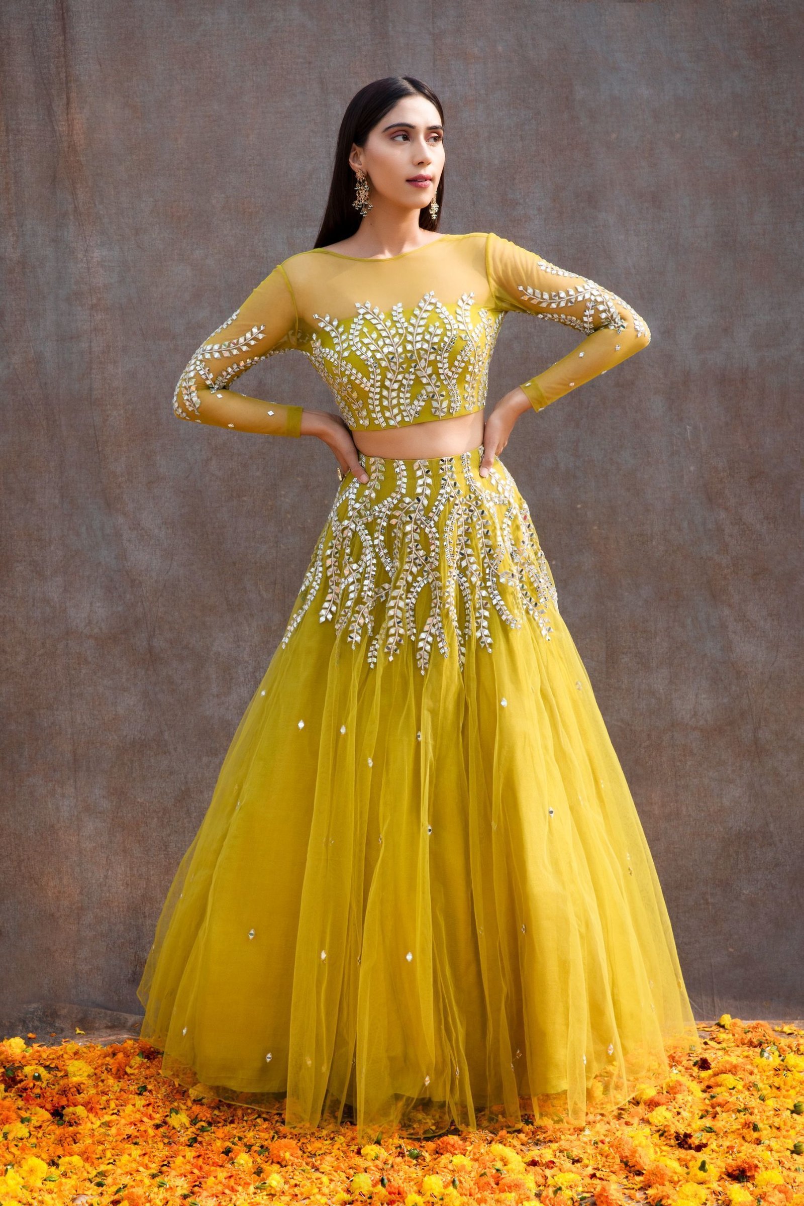 Lemon Green Mirror Work Blouse With Lehenga And Dupatta