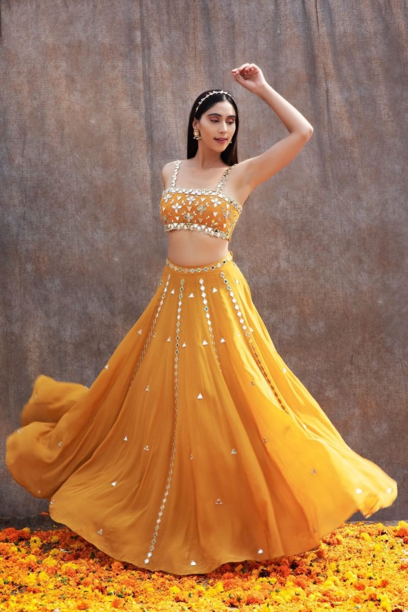 Mirror Lines Yellow Lehenga And Bustier With Dupatta - Image 2