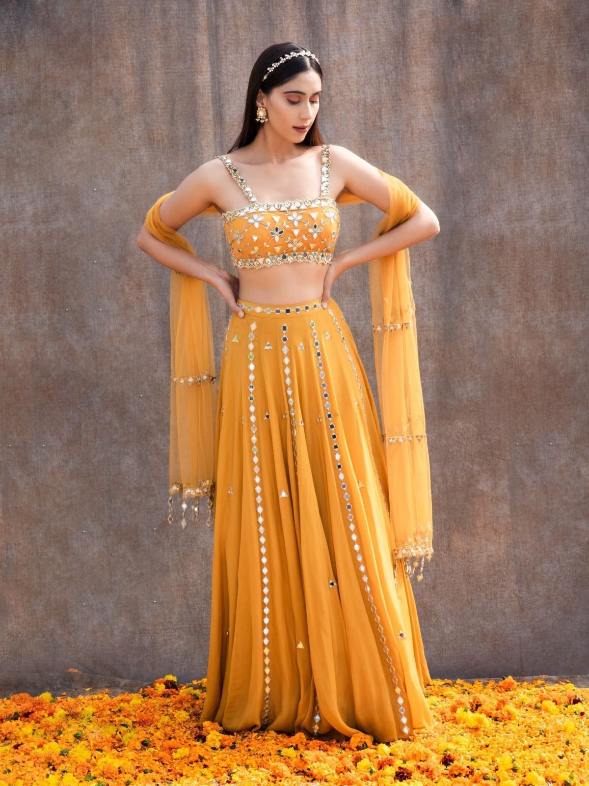Mirror Lines Yellow Lehenga And Bustier With Dupatta