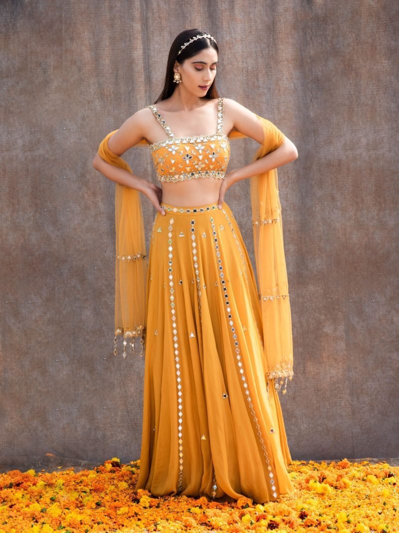 Mirror Lines Yellow Lehenga And Bustier With Dupatta