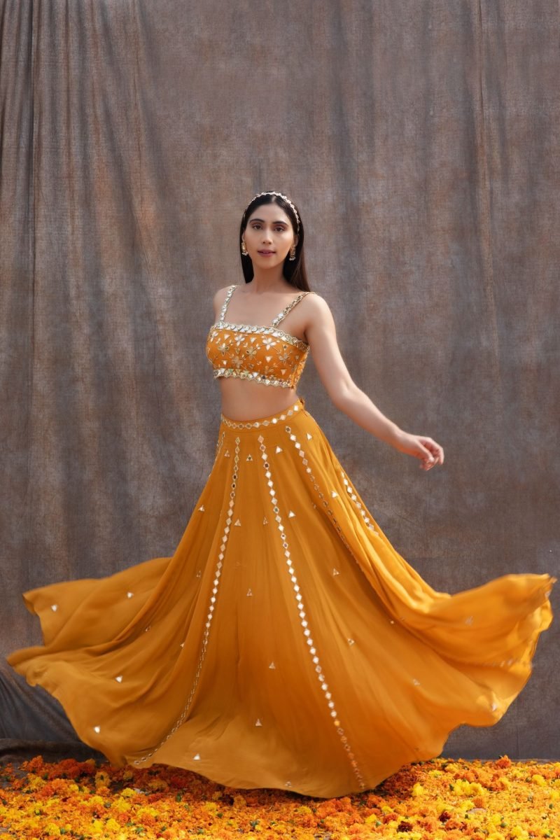 Mirror Lines Yellow Lehenga And Bustier With Dupatta - Image 4